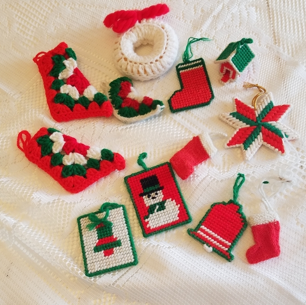 Lot of 12 Mini Crochet Christmas Green Red Ornaments